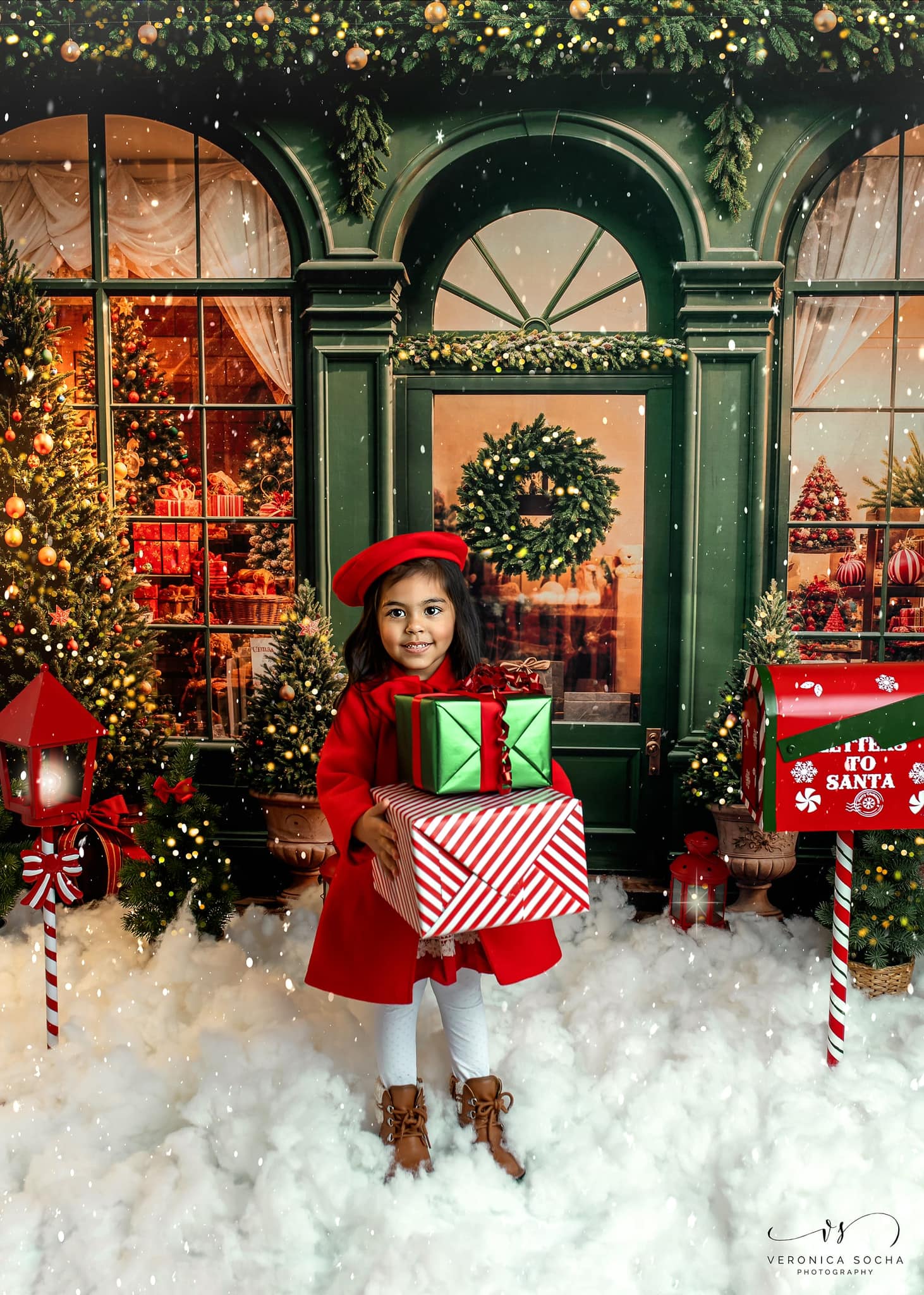 Kate Rétro Vert foncé Noël Boutique de cadeaux Toile de fond conçue par Emetselch - Kate Backdrop FR