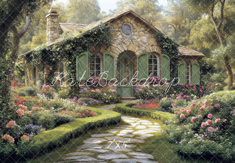 Kate Maison Pierre Jardin Fleurs Toile de fond conçue par Mini MakeBelieve - Kate Backdrop FR