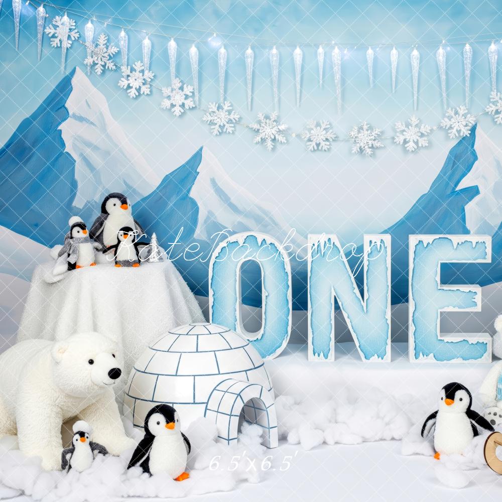 Kate Anniversaire Hiver Pingouins Ours Igloo Toile de fond conçue par Patty Roberts - Kate Backdrop FR