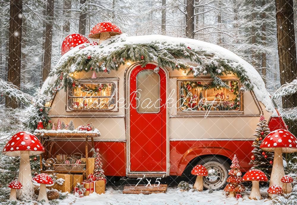 Kate Hiver Forêt Caravane Champignons Toile de fond conçue par Emetselch - Kate Backdrop FR