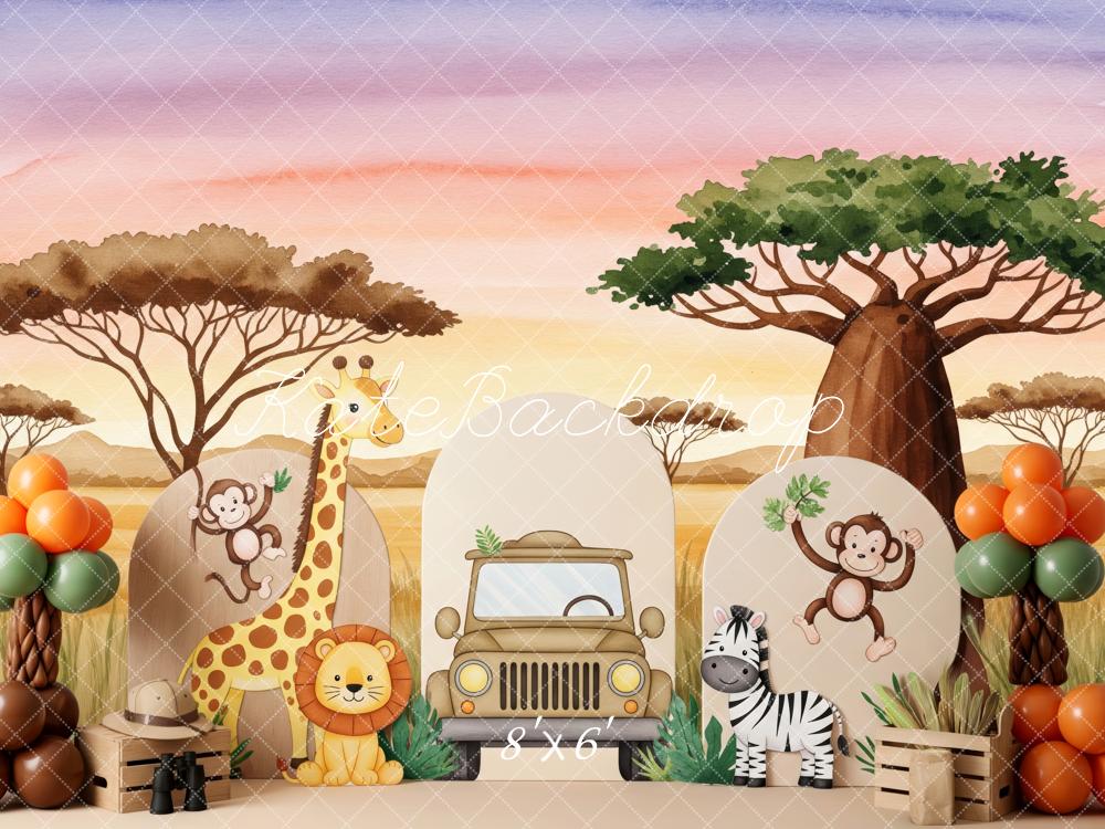 Kate Safari Animaux Arbres Ballons Toile de fond conçue par Patty Roberts - Kate Backdrop FR