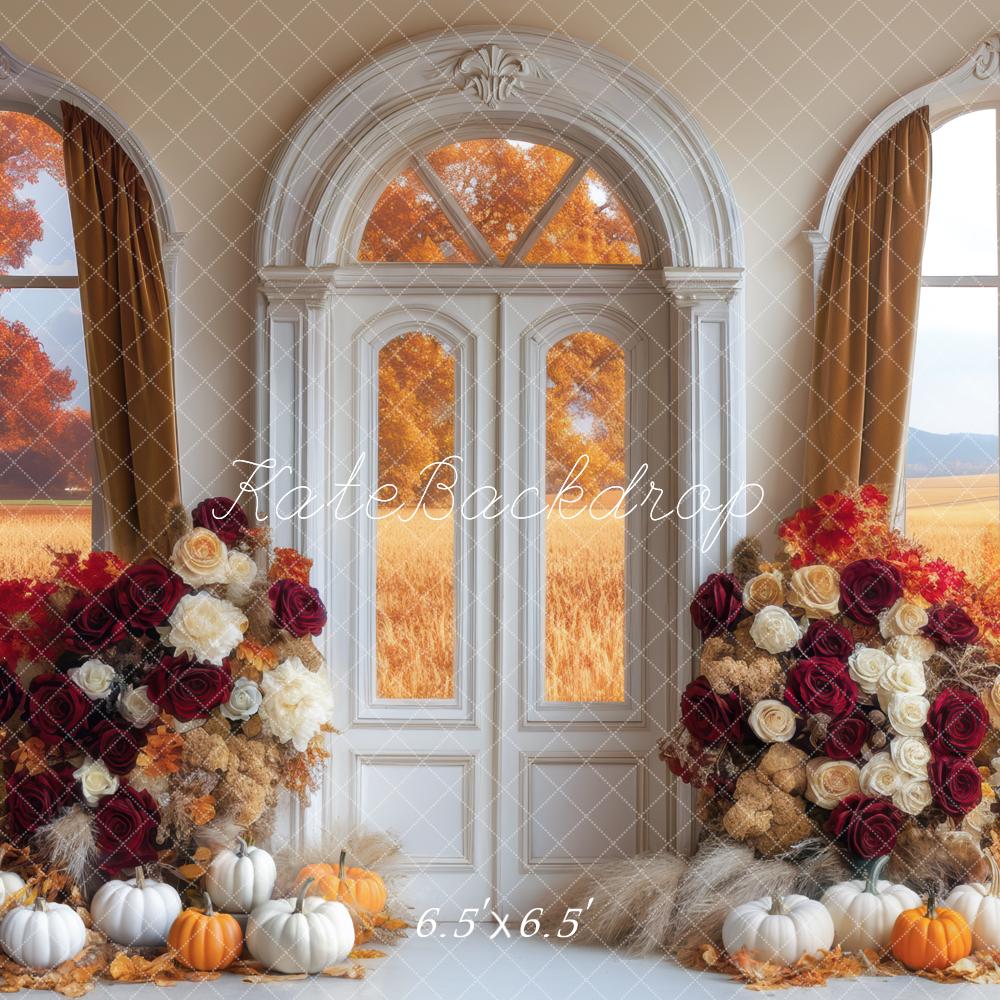 Kate Automne Fenêtre Roses Citrouilles Toile de fond conçue par Mini MakeBelieve - Kate Backdrop FR