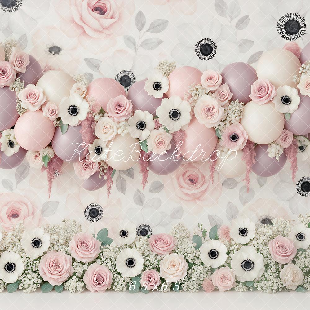 Kate Ballons Roses Fleurs Anniversaire Toile de fond conçue par Ashley Paul - Kate Backdrop FR