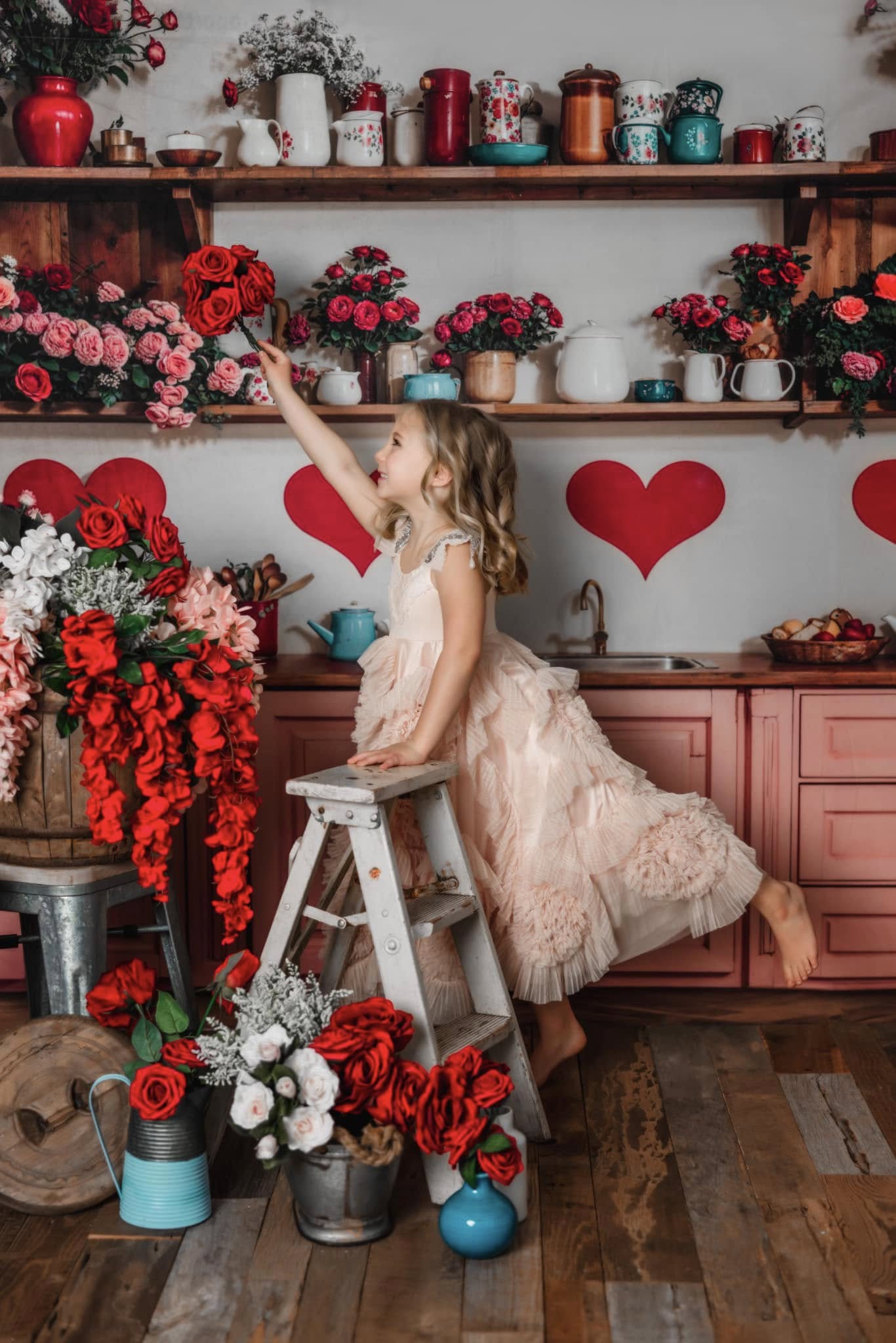 Kate Saint Valentin Cuisine Fleurs Rouge Cœur Toile de fond conçue par Emetselch - Kate Backdrop FR