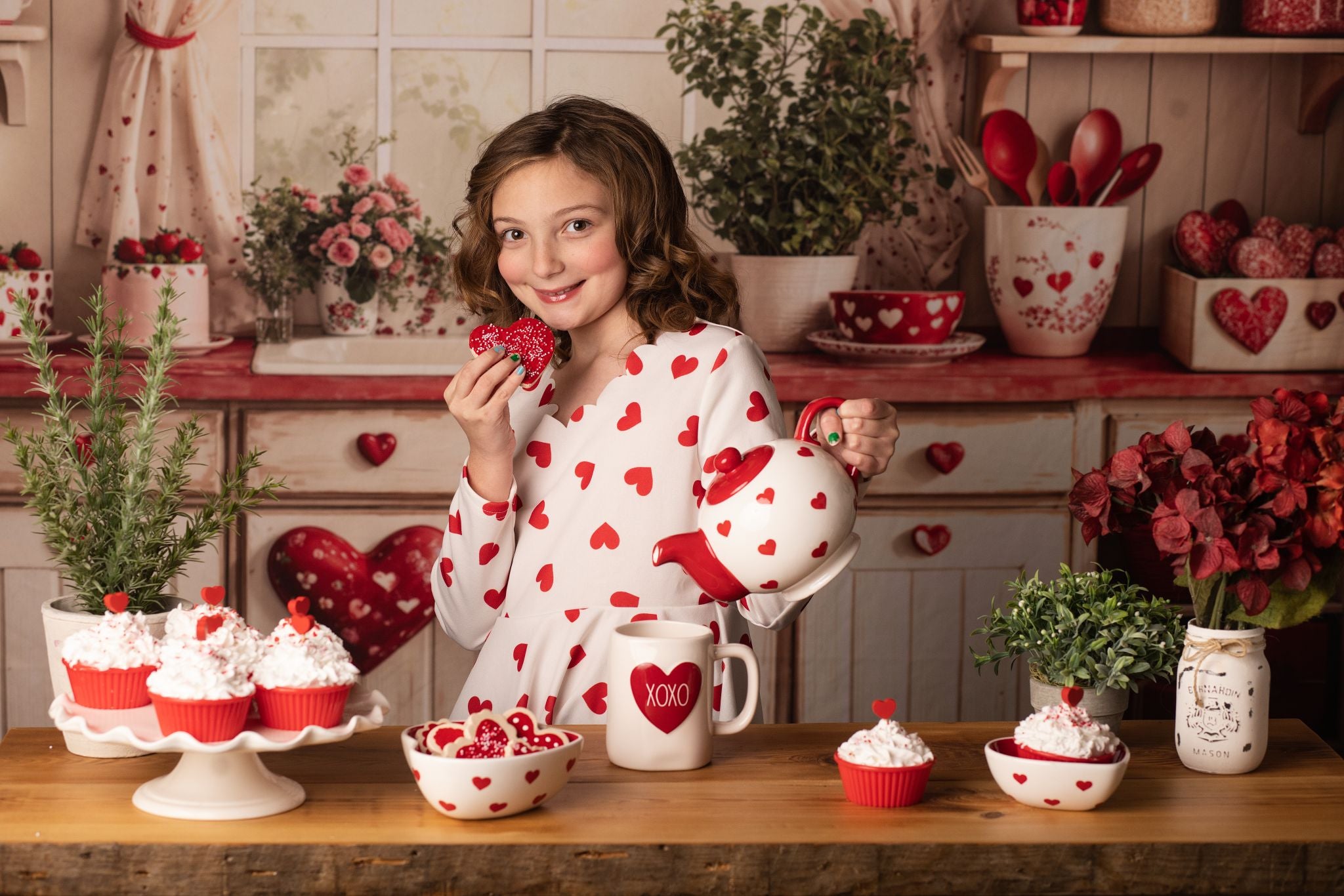 Kate Saint Valentin Cuisine Rouge Cœur Assiettes Toile de fond conçue par Emetselch - Kate Backdrop FR