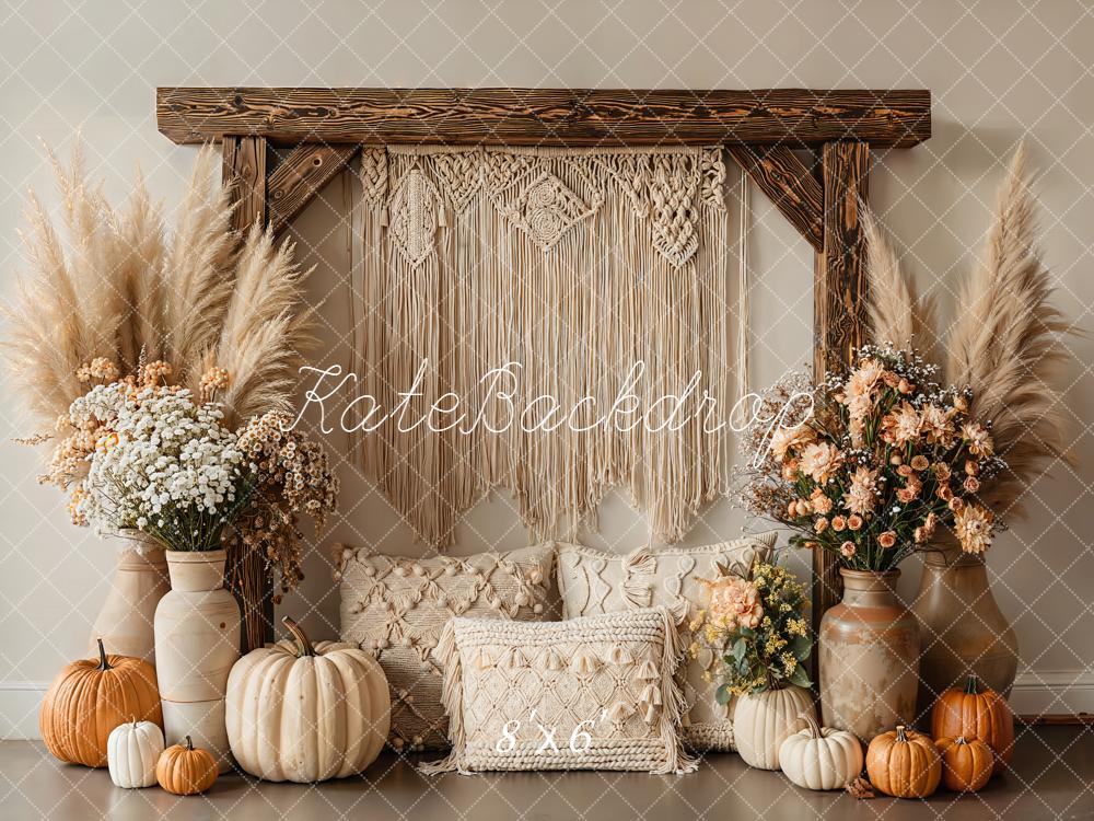 Kate Bohème Citrouilles Fleurs Pampas Toile de fond en Laine conçue par Emetselch