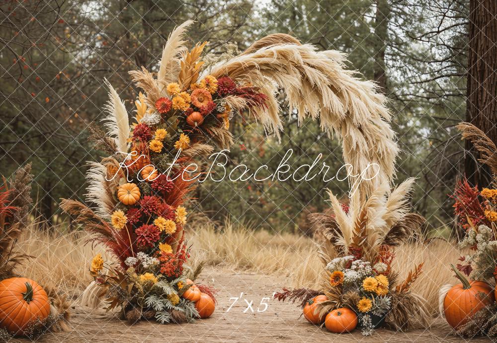 Kate Automne Arc Fleurs Herbe Citrouilles Toile de fond conçue par Emetselch