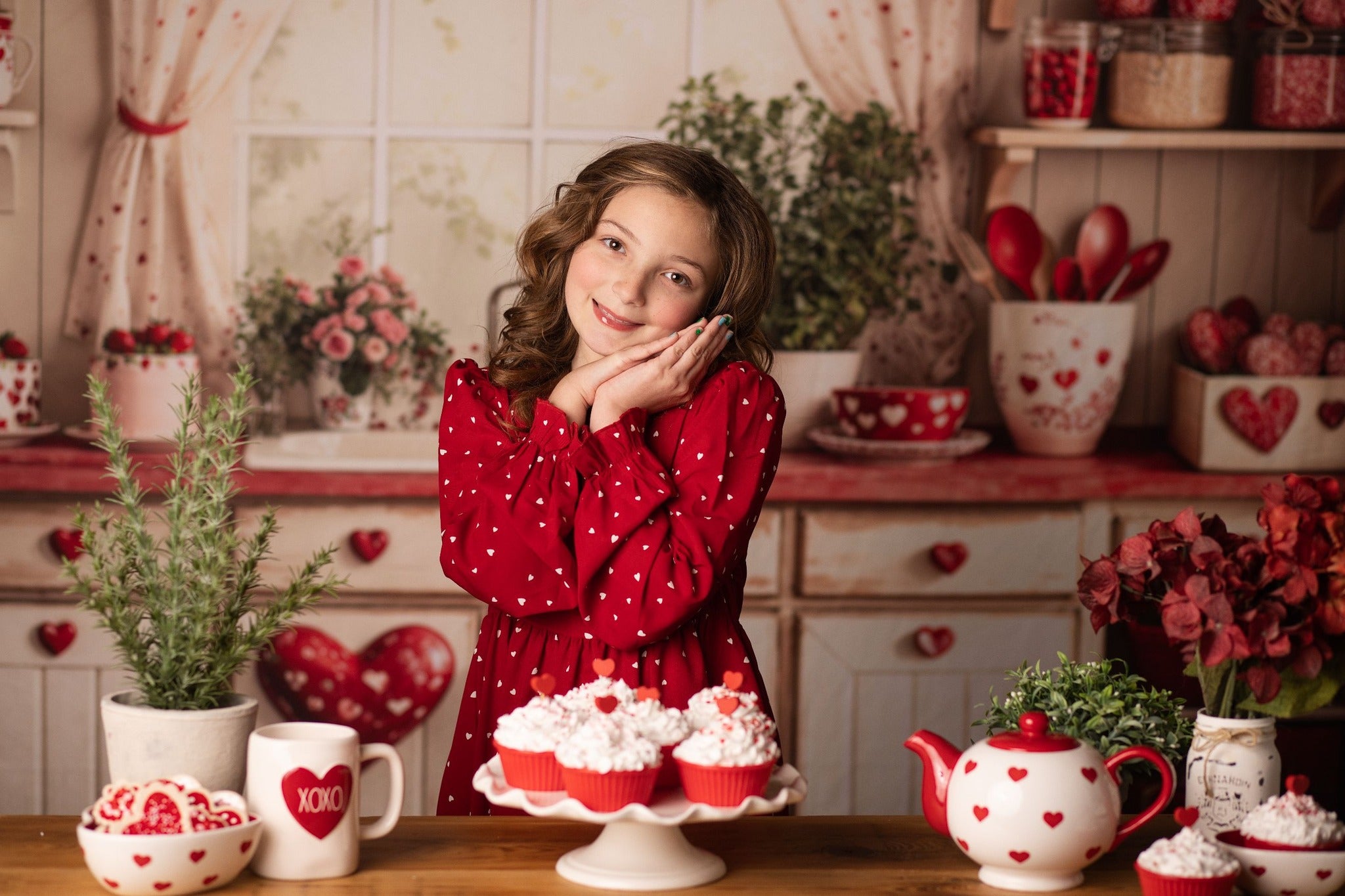 Kate Saint Valentin Cuisine Rouge Cœur Assiettes Toile de fond conçue par Emetselch - Kate Backdrop FR