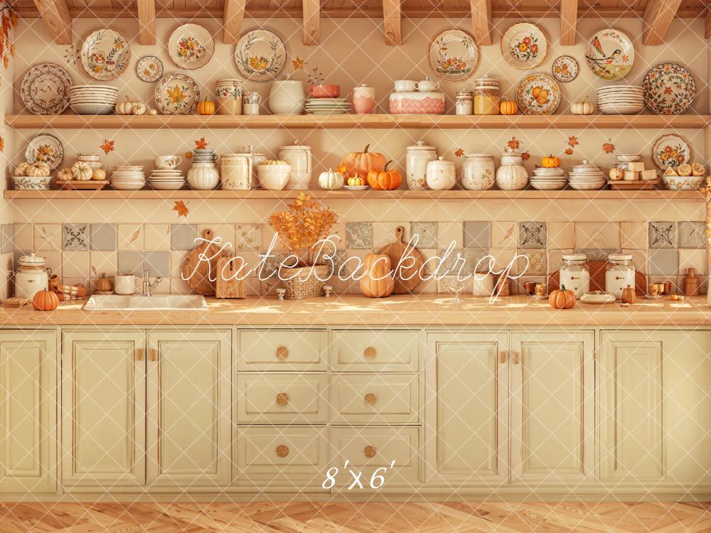 Kate Automne Cuisine Vaisselle Citrouilles Toile de fond en Laine conçue par Emetselch