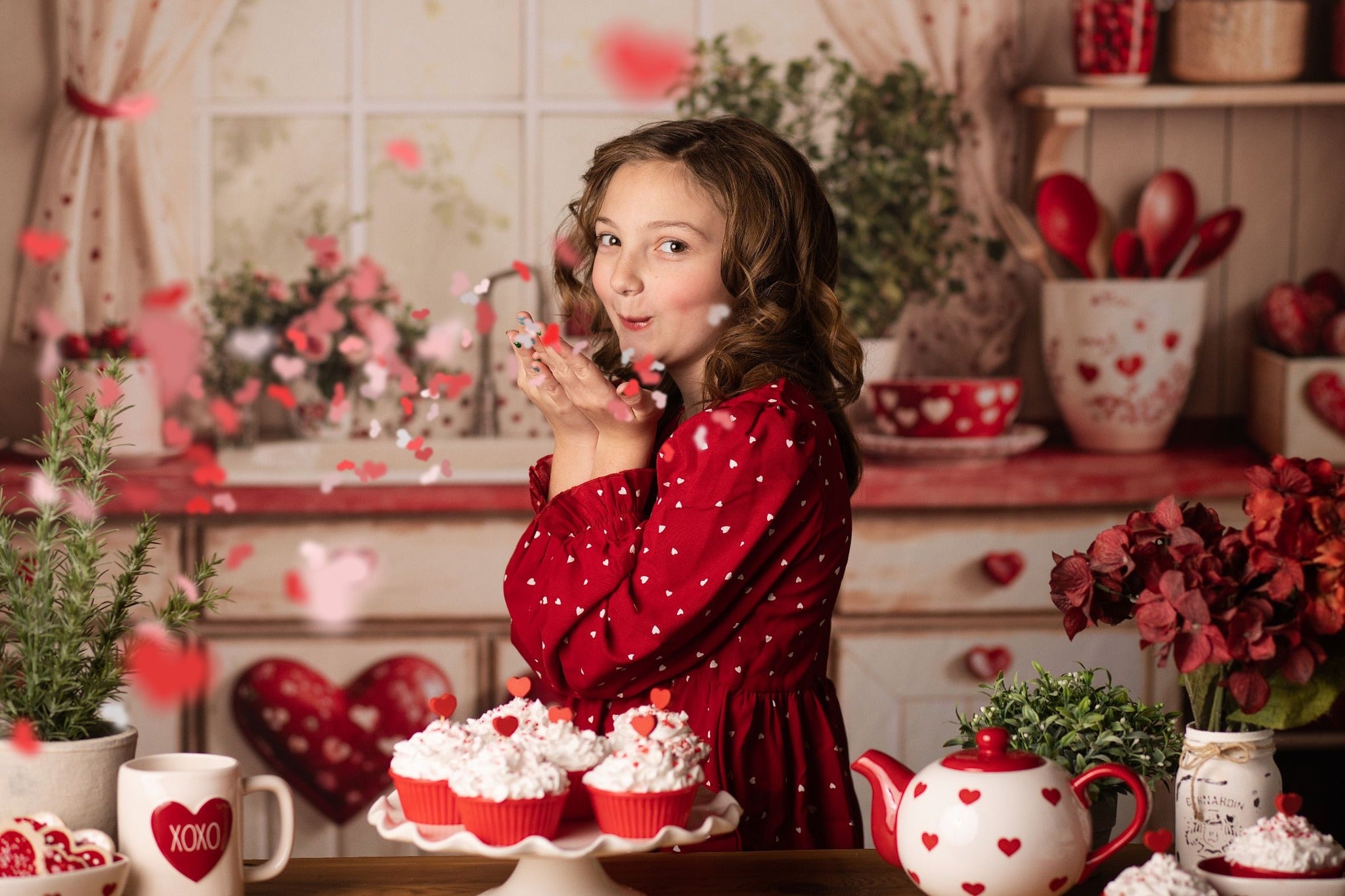 Kate Saint Valentin Cuisine Rouge Cœur Assiettes Toile de fond conçue par Emetselch - Kate Backdrop FR