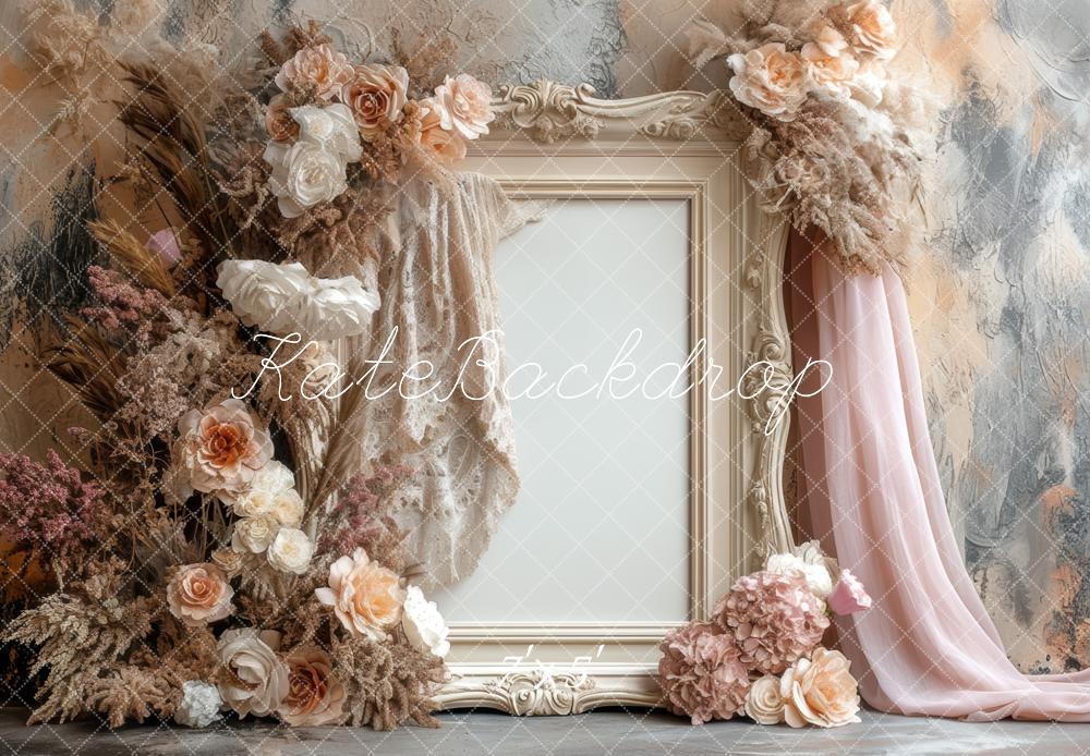 Kate Floral Cadre Vintage Beige Toile de fond conçue par Mini MakeBelieve - Kate Backdrop FR