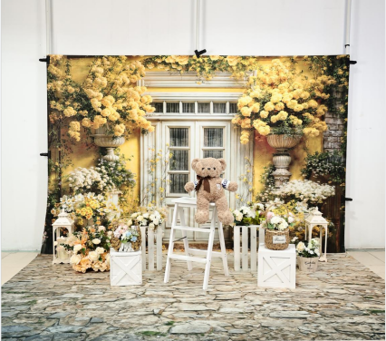 Kate Printemps Jaune Fleurs Porte en bois Toile de fond+Pierre Chemin Sol Toile de fond - Kate Backdrop FR