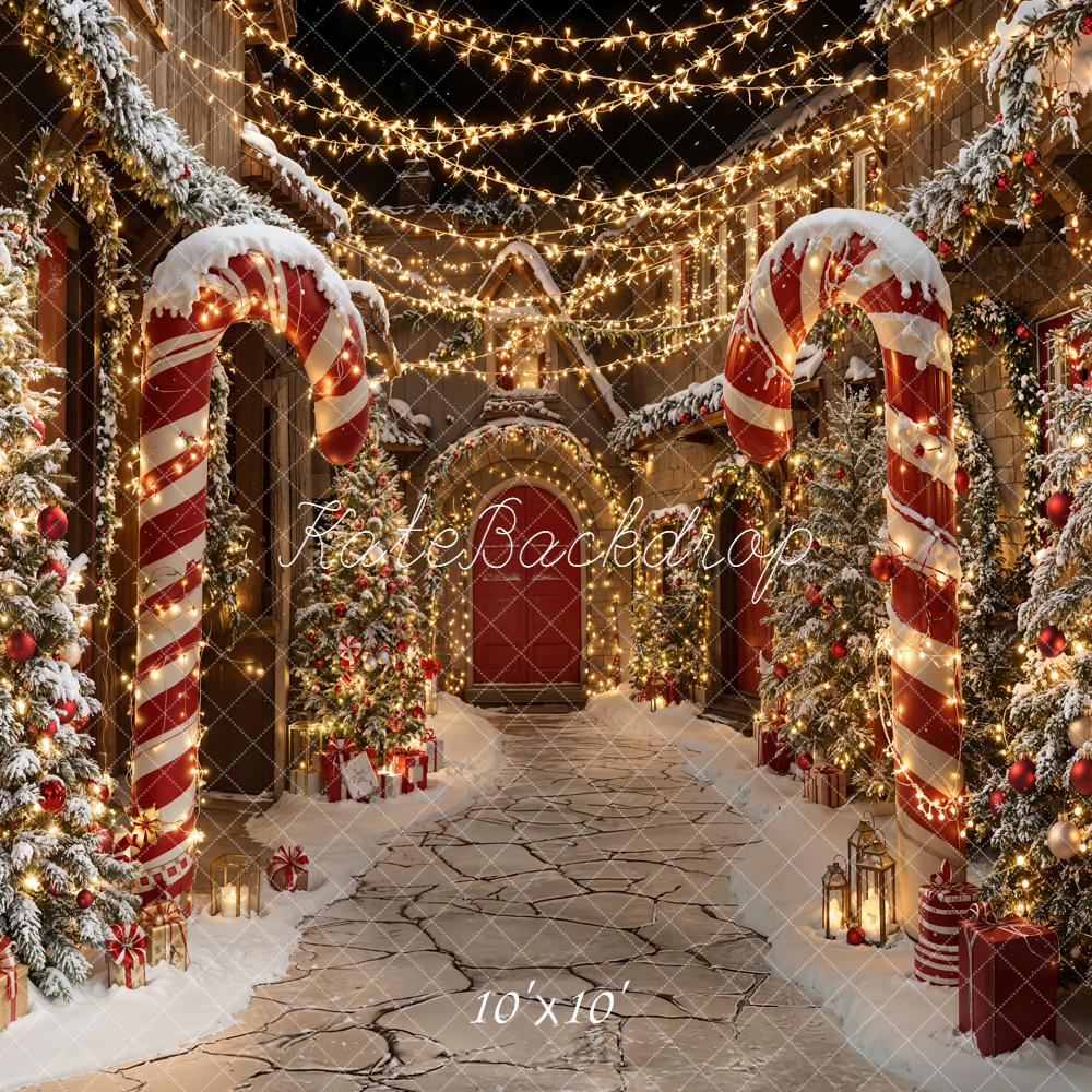 Kate Noël Rue Bonbons Lumière Sapins Toile de fond conçue par Emetselch - Kate Backdrop FR