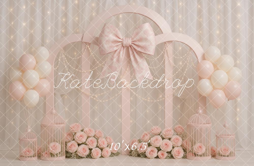Kate Anniversaire Fleurs Nœud Ballons Rose Toile de fond conçue par Ashley Paul - Kate Backdrop FR