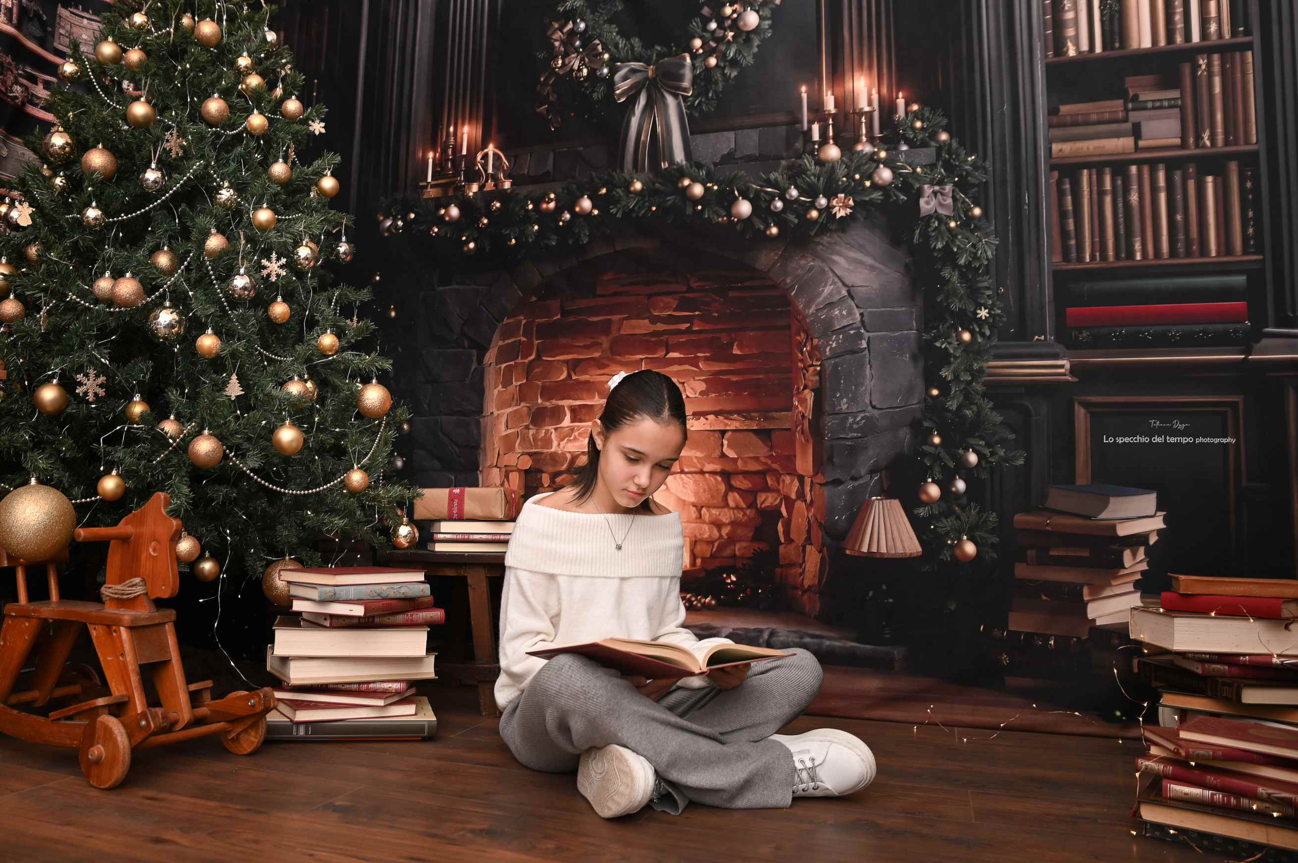 Kate Noël Cheminée Livres Ornements Toile de fond+Bois Parquet Marron foncé Sol Toile de fond - Kate Backdrop FR