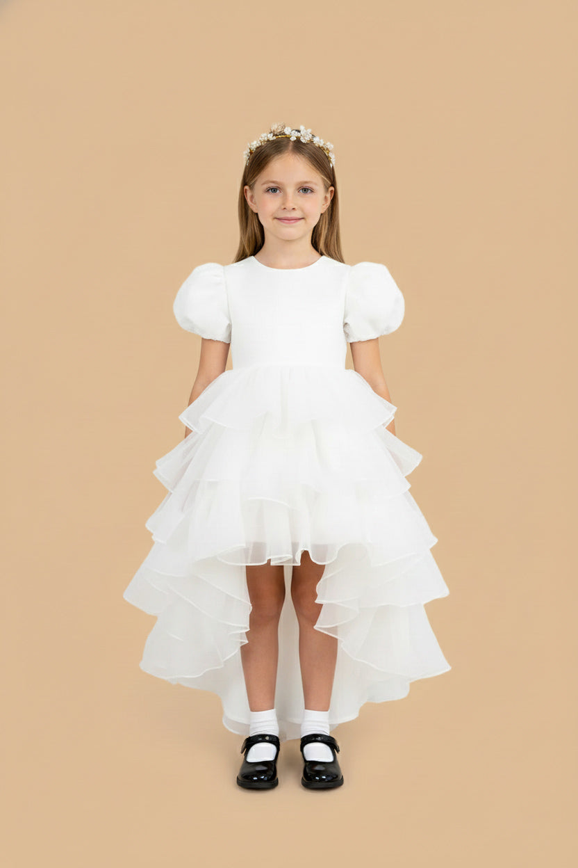 Kate Blanc Maillage Longue Robe pour Enfants avec Serre-tête Perlé - Kate Backdrop FR