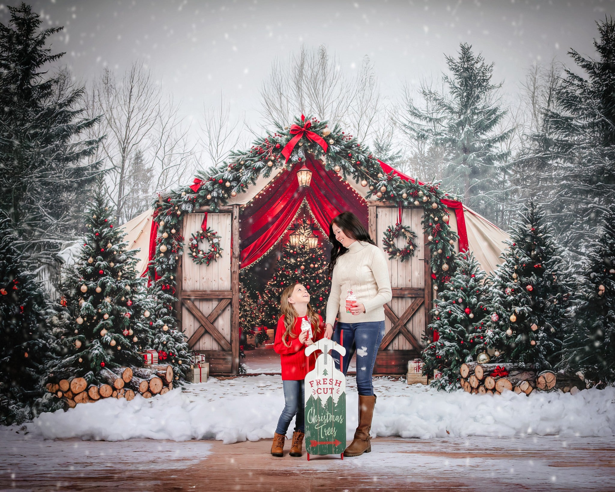 Kate Sapin de Noël Grange Neige Forêt Toile de fond conçue par Emetselch - Kate Backdrop FR