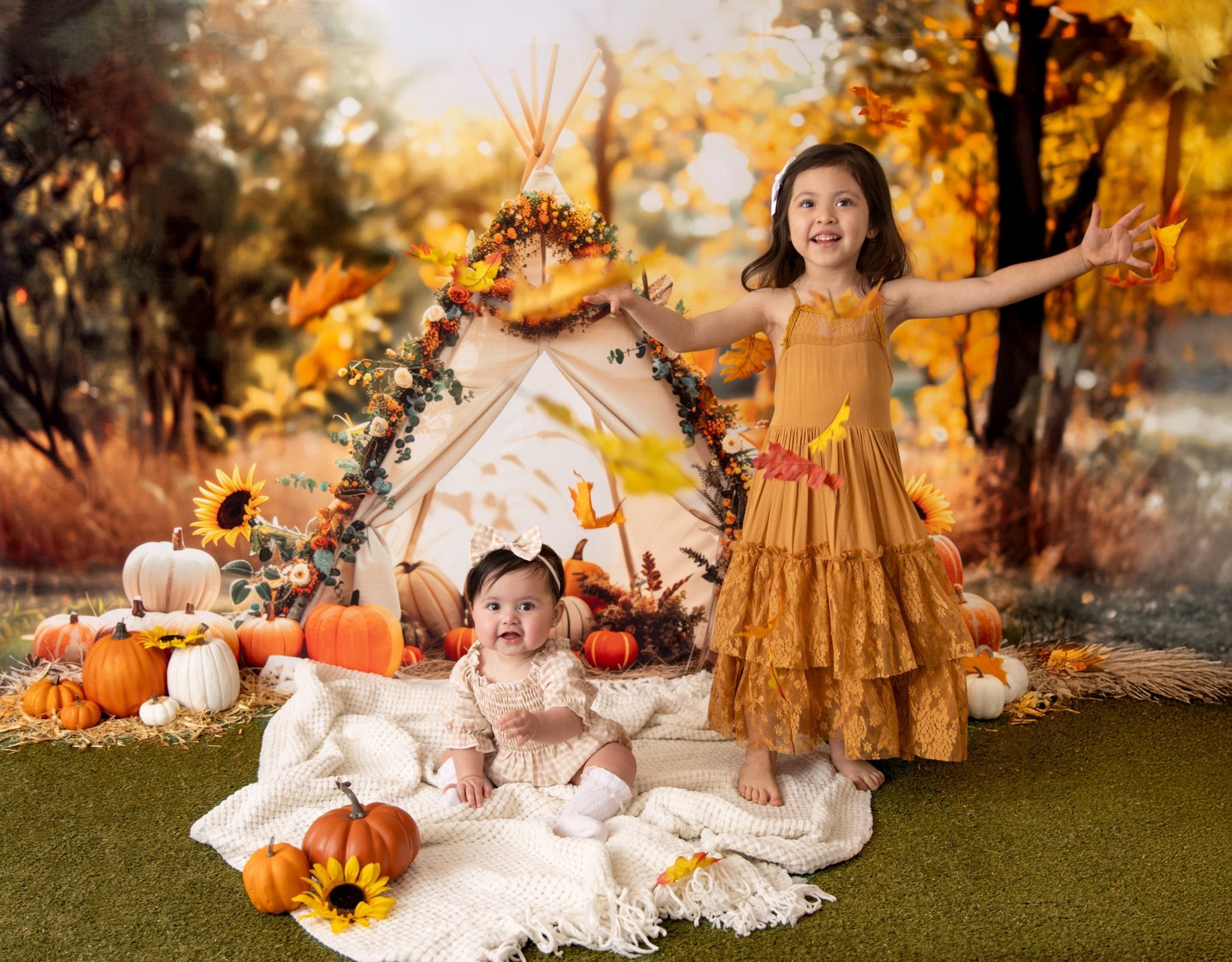 Kate Automne Tipi Tournesols Citrouilles Toile de fond conçue par Patty Roberts - Kate Backdrop FR