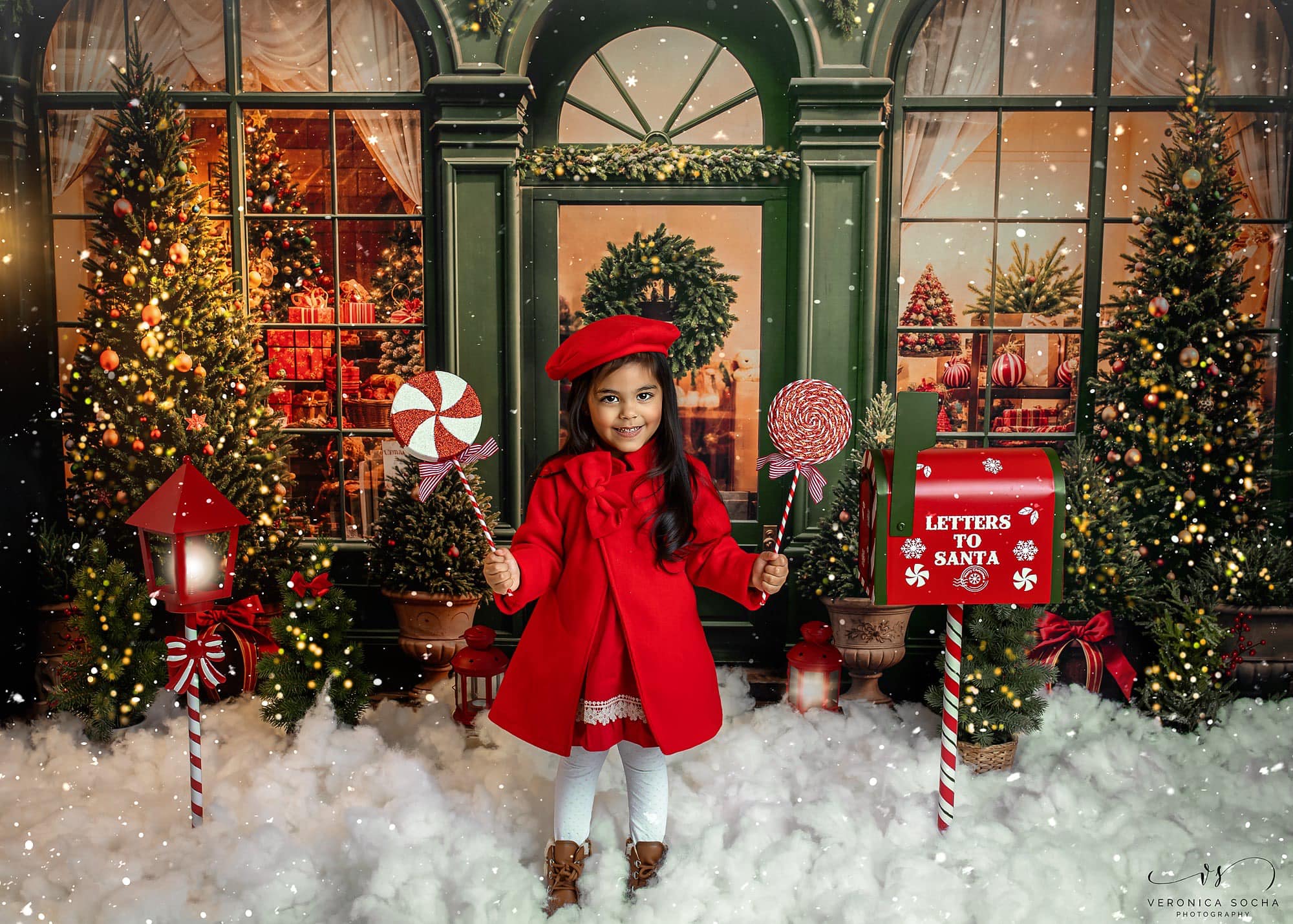 Kate Rétro Vert foncé Noël Boutique de cadeaux Toile de fond conçue par Emetselch - Kate Backdrop FR