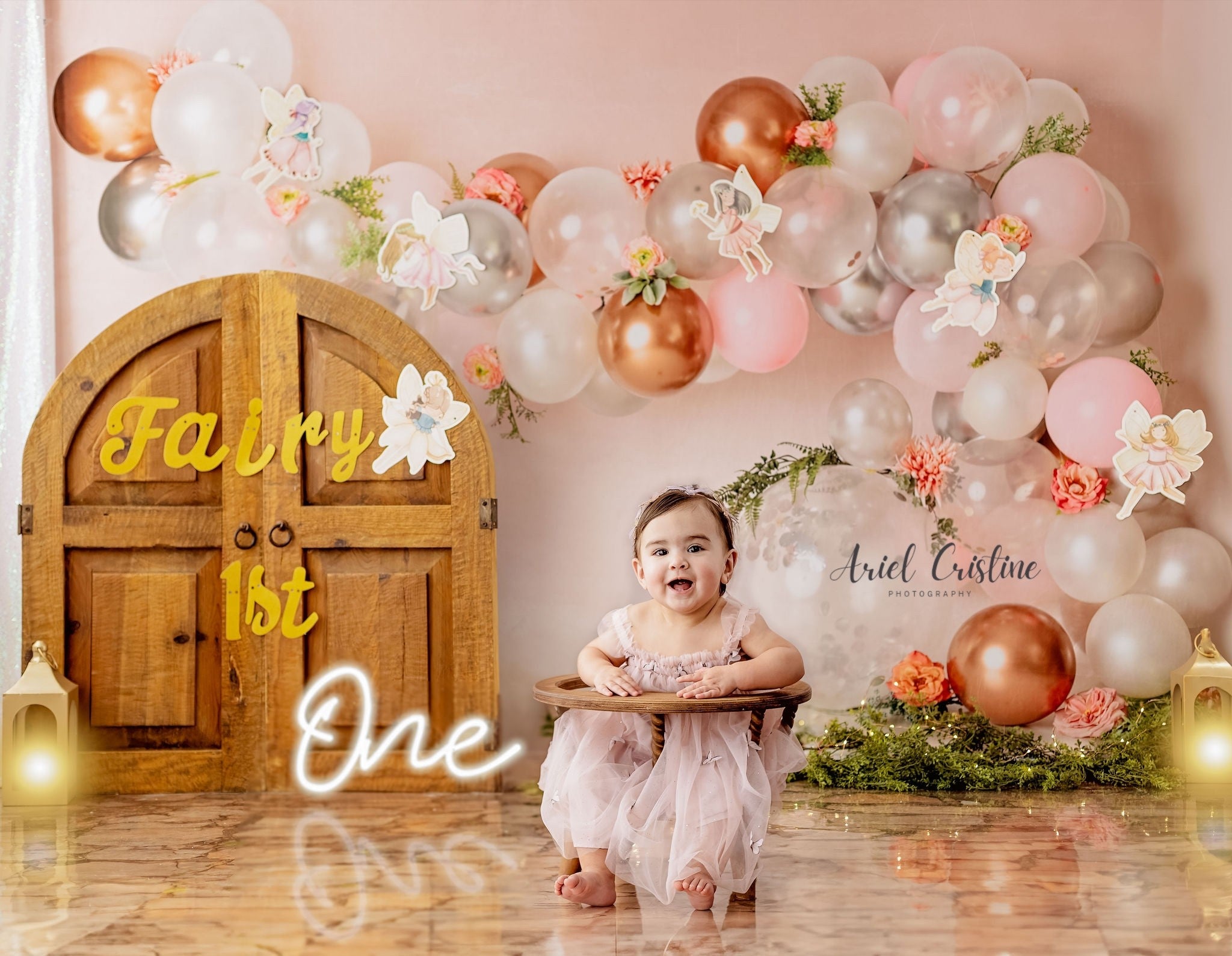 Kate Arc de ballons Fleurs Rose Blanc Toile de fond conçue par Mandy Ringe - Kate Backdrop FR