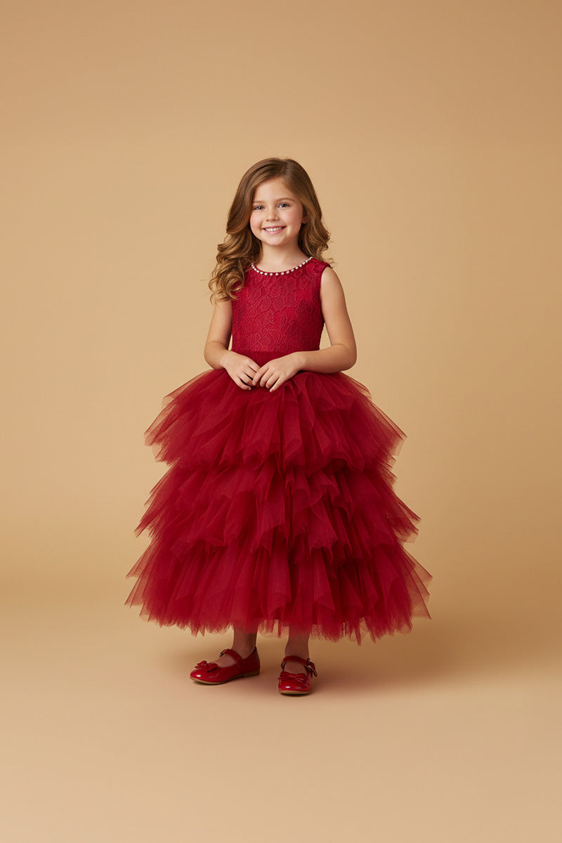 Kate Rouge Perle Col rond Bouffant Robe pour Enfants - Kate Backdrop FR
