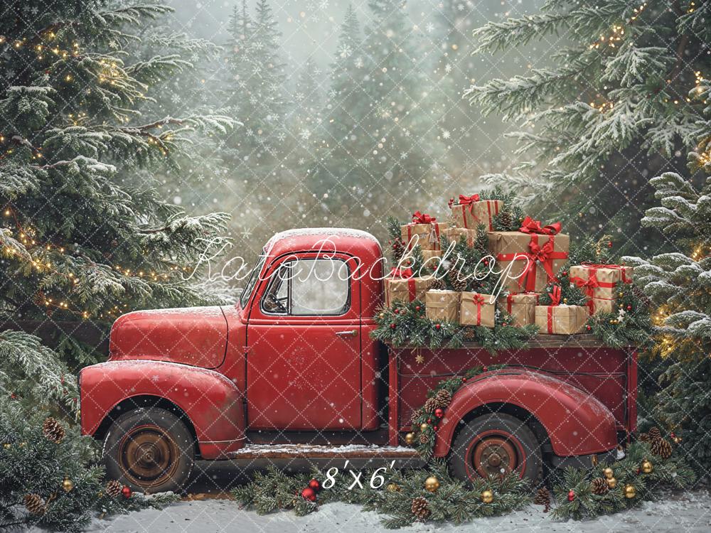 Kate Noël Camion Rouge Cadeaux Sapins Toile de fond conçue par Emetselch - Kate Backdrop FR