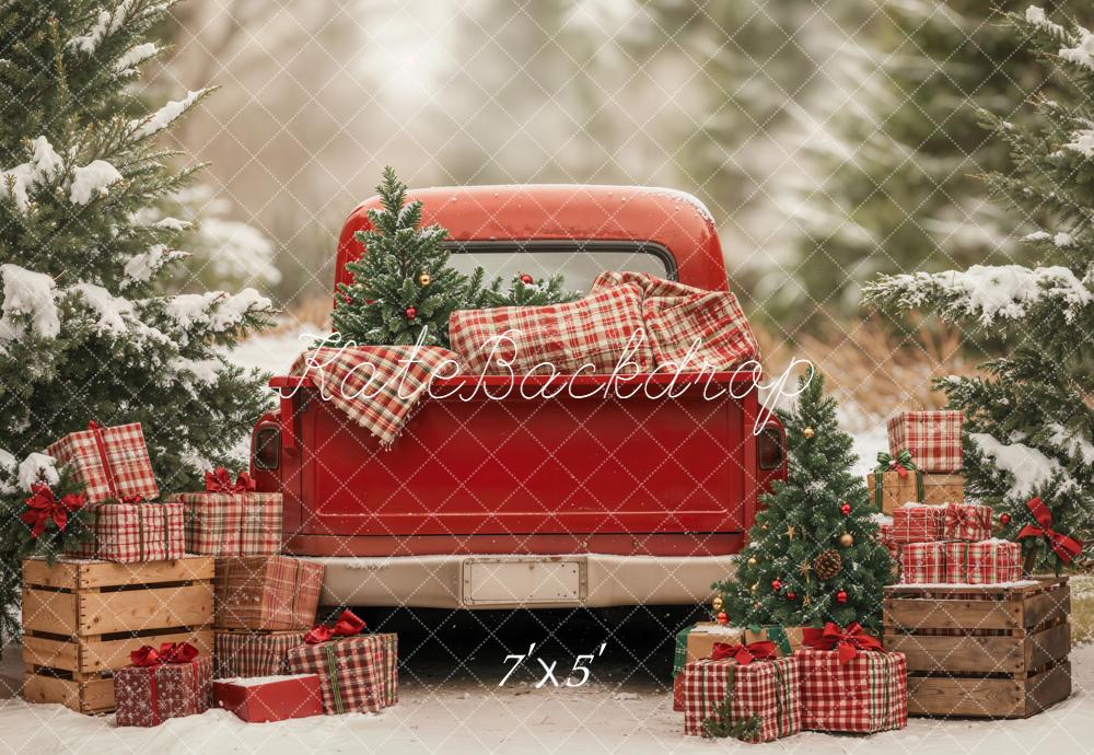 Kate Noël Camion Rouge Cadeaux Sapins Toile de fond conçue par Emetselch - Kate Backdrop FR