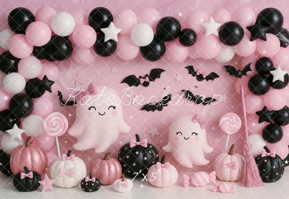 Kate Halloween Fantômes Ballons Bonbon Rose Toile de fond conçue par Ashley Paul - Kate Backdrop FR
