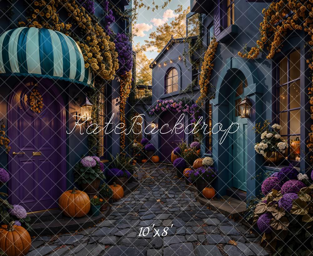 Kate Halloween Rue Citrouilles Fleurs Toile de fond en Laine conçue par Emetselch - Kate Backdrop FR