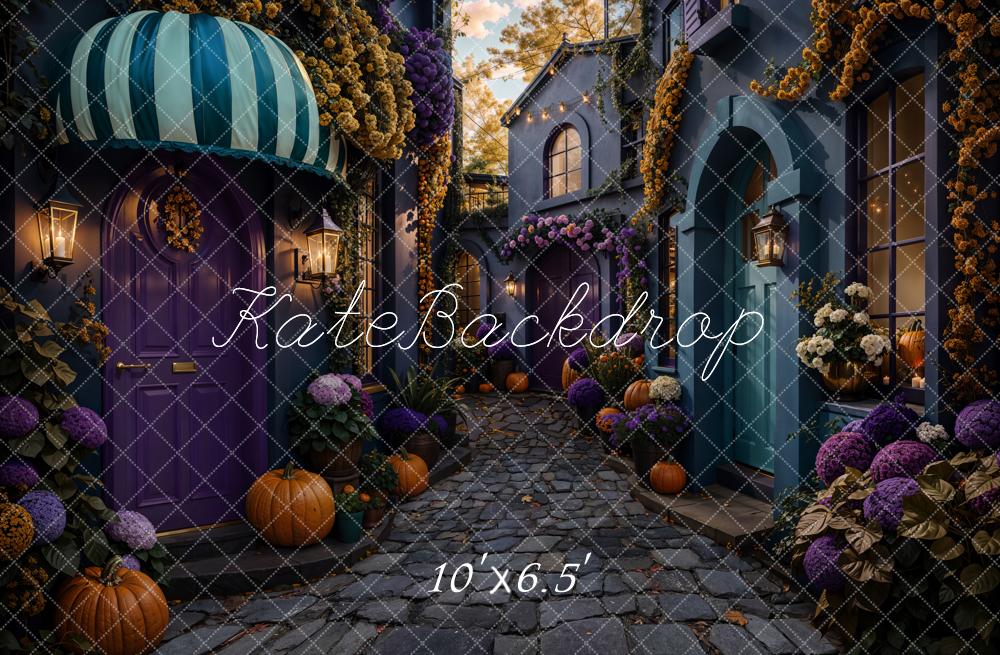 Kate Halloween Rue Citrouilles Fleurs Toile de fond en Laine conçue par Emetselch - Kate Backdrop FR