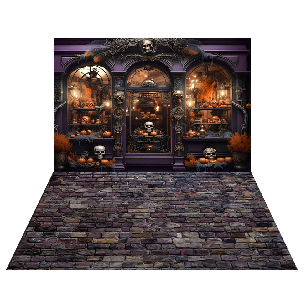Kate Halloween Magasin Violet Squelette Toile de fond+Brique Grise Tapis de sol en caoutchouc - Kate Backdrop FR