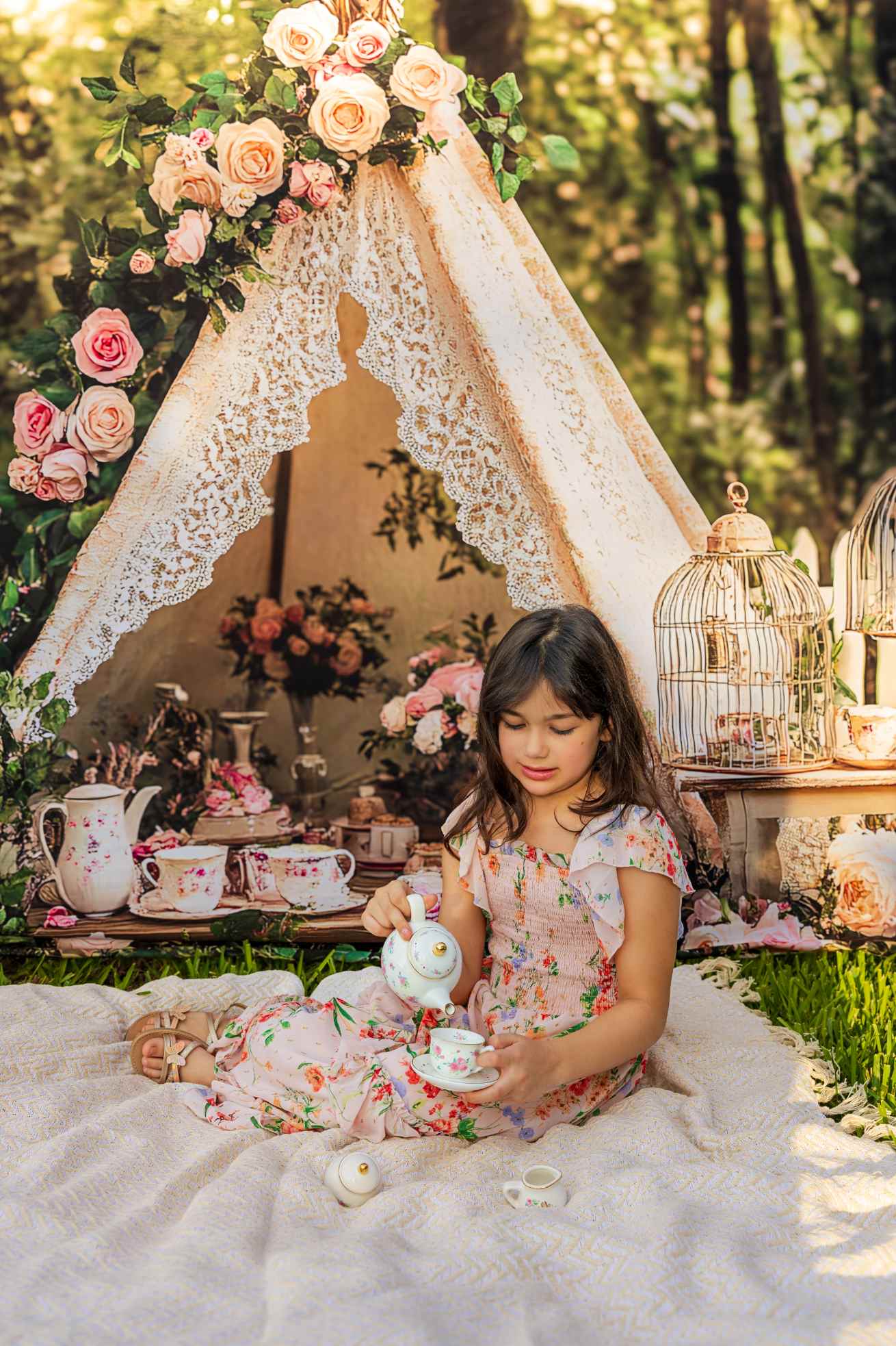 Kate Bohème Soirée Théière Floral Forêt Toile de fond conçu par Ashley Paul - Kate Backdrop FR