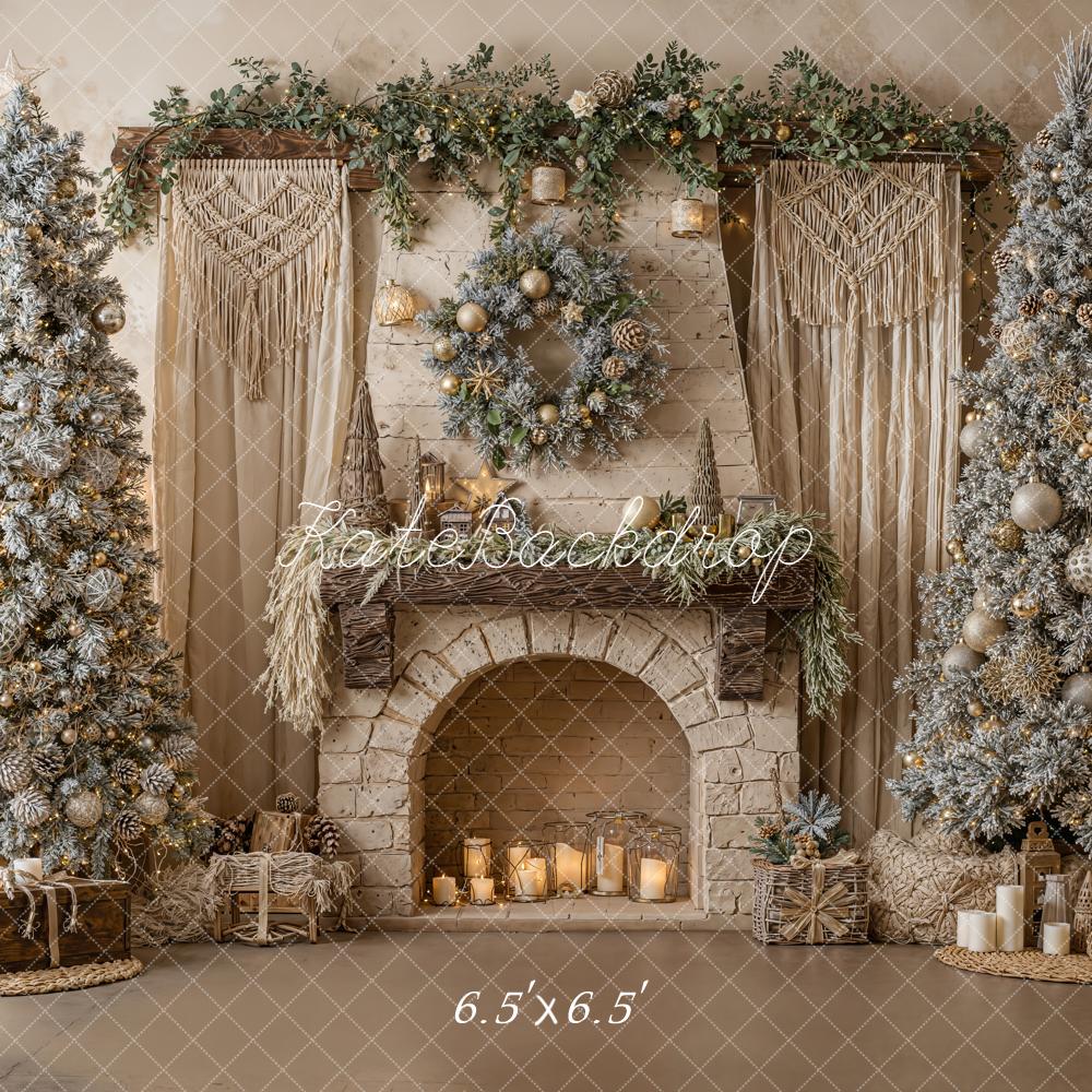 Kate Noël Cheminée Sapins Neige Toile de fond conçue par Emetselch - Kate Backdrop FR