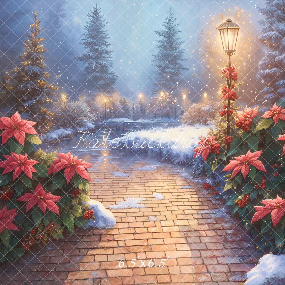 Kate Hiver Chemin Brique Poinsettia Toile de fond conçue par Emetselch - Kate Backdrop FR