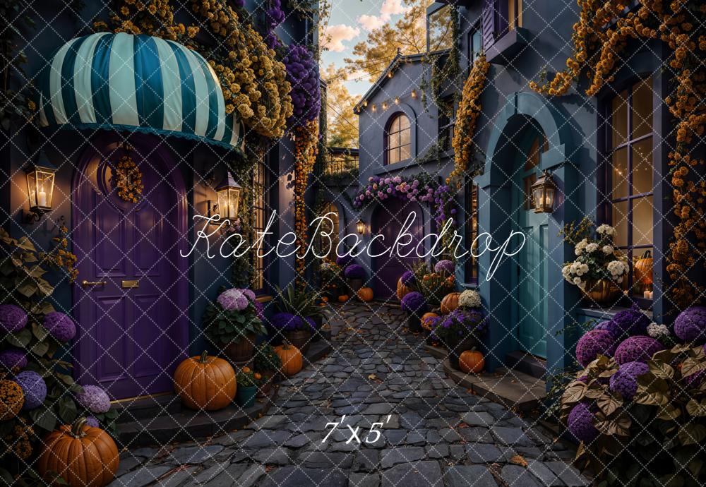 Kate Halloween Rue Citrouilles Fleurs Toile de fond conçue par Emetselch - Kate Backdrop FR