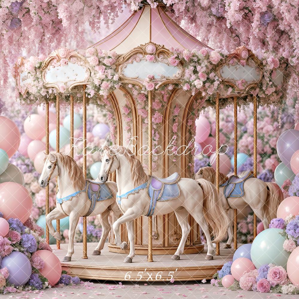 Kate Carrousel Fleurs Ballons Pastel Toile de fond conçue par Ashley Paul - Kate Backdrop FR