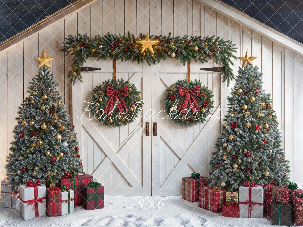 Kate Noël Sapins Cadeaux Grange Neige Toile de fond conçue par Emetselch - Kate Backdrop FR