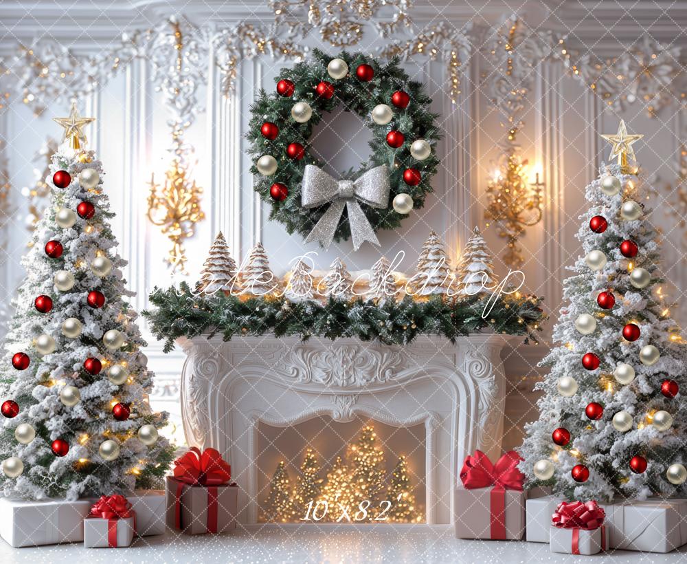 Kate Noël Sapins Cheminée Couronne Cadeaux Toile de fond conçue par Mini MakeBelieve - Kate Backdrop FR
