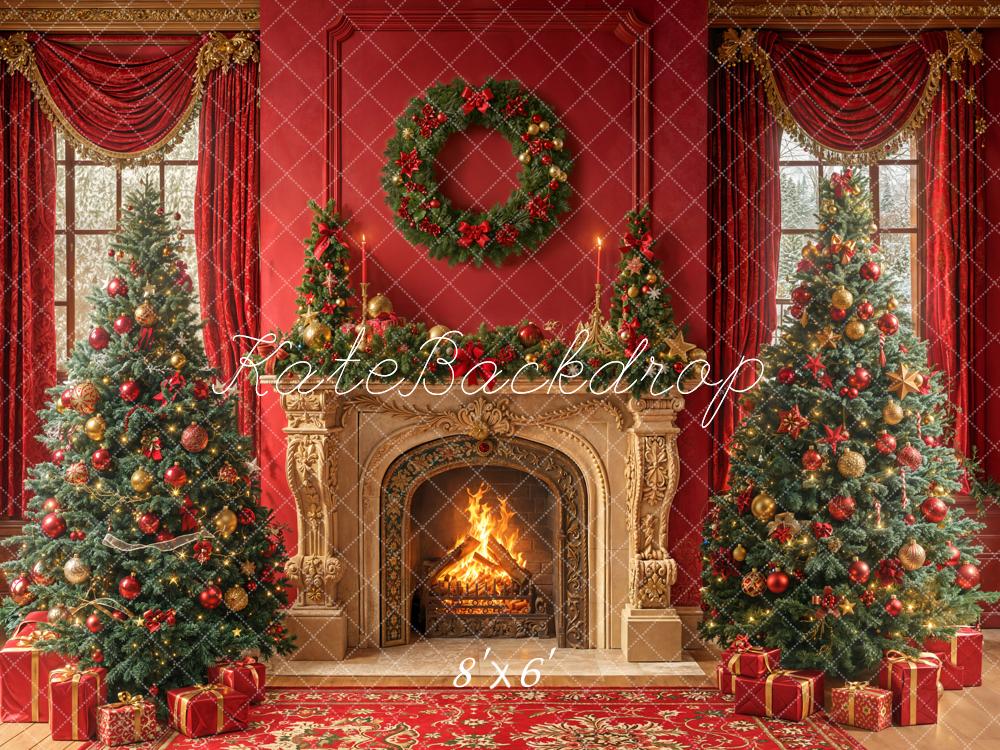 Kate Noël Cheminée Sapins Cadeaux Toile de fond en Laine conçue par Emetselch - Kate Backdrop FR