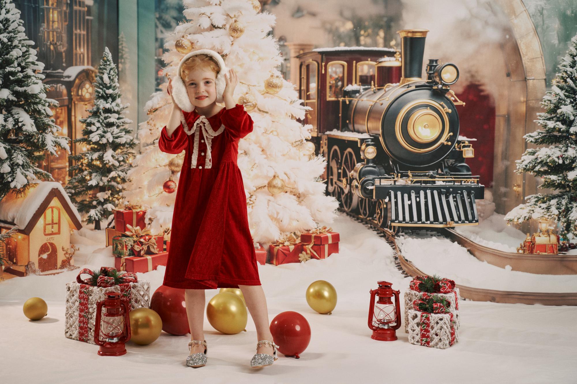 Kate Sapin de Noël Train Polaire Neige Toile de fond conçue par Emetselch