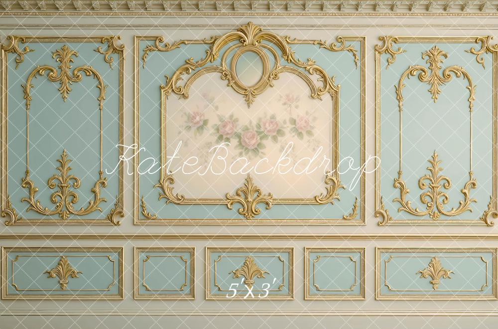 Kate Mur Vintage Or Bleu Fleurs Toile de fond conçue par Mini MakeBelieve