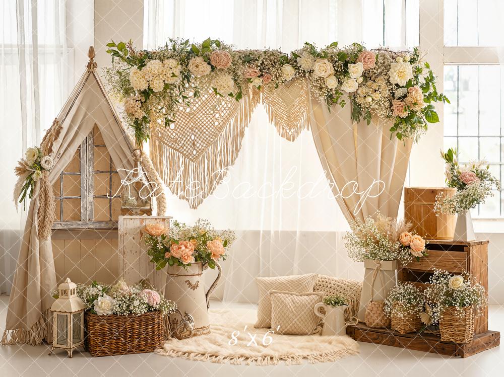 Kate Bohème Tente Fleurs Macramé Beige Toile de fond conçue par Emetselch