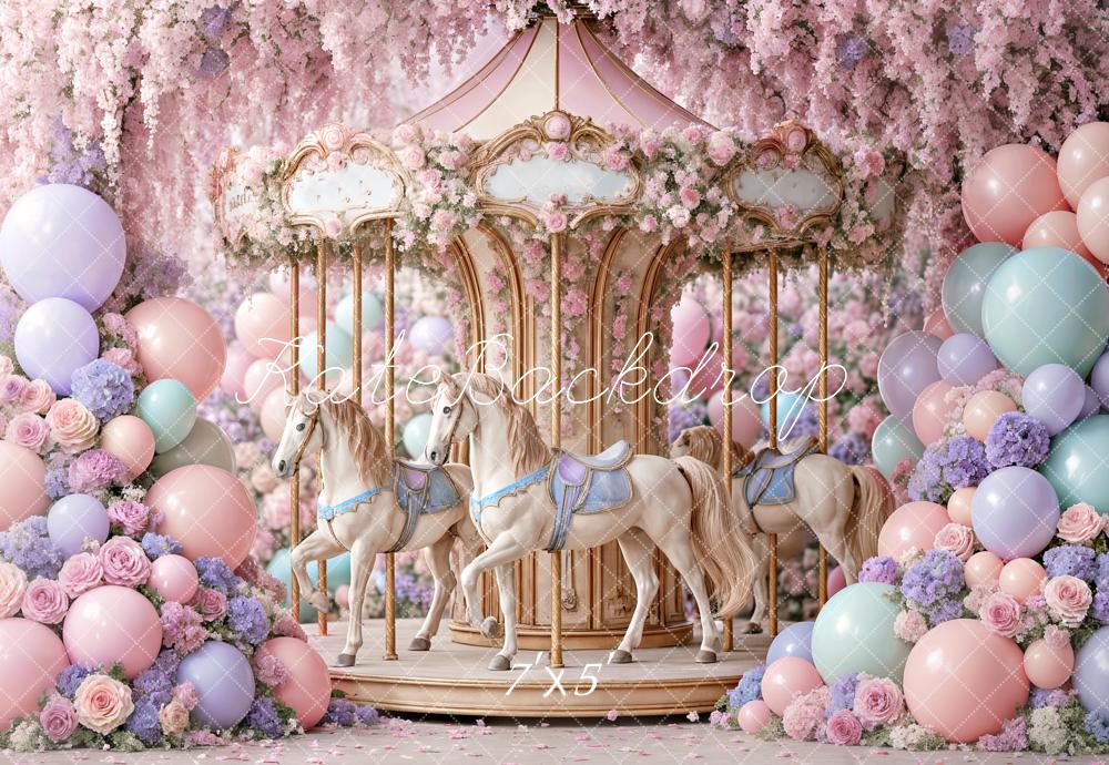 Kate Carrousel Fleurs Ballons Pastel Toile de fond conçue par Ashley Paul - Kate Backdrop FR