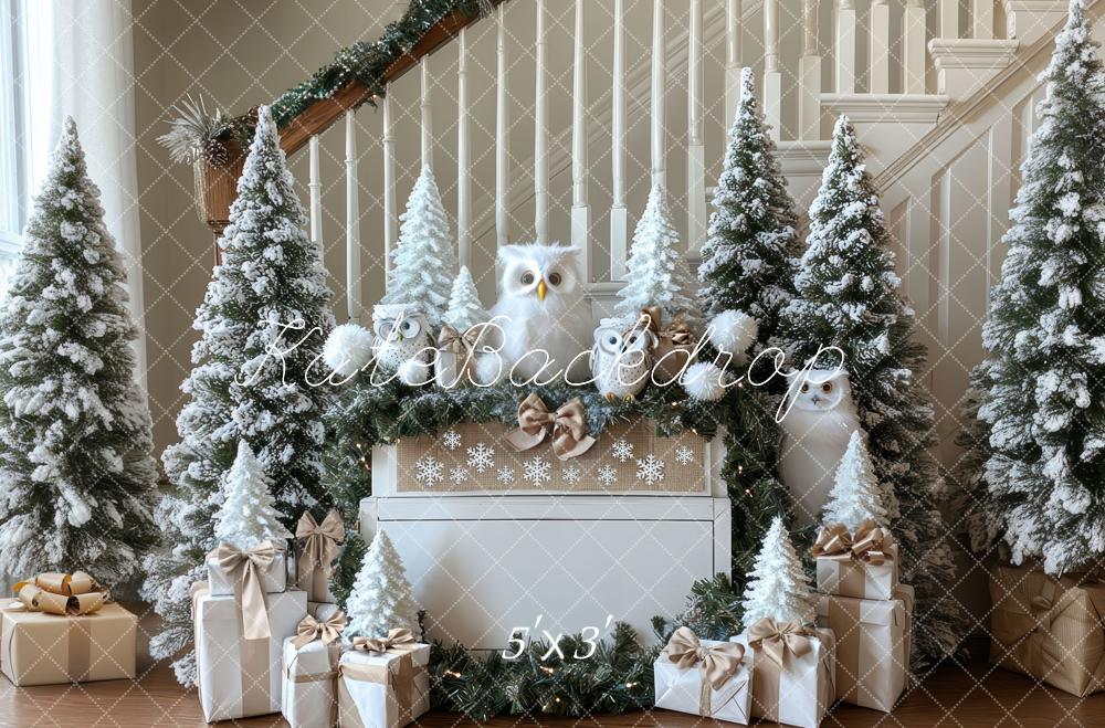 Kate Noël Hiboux Sapins Cadeaux Toile de fond conçue par Mini MakeBelieve - Kate Backdrop FR