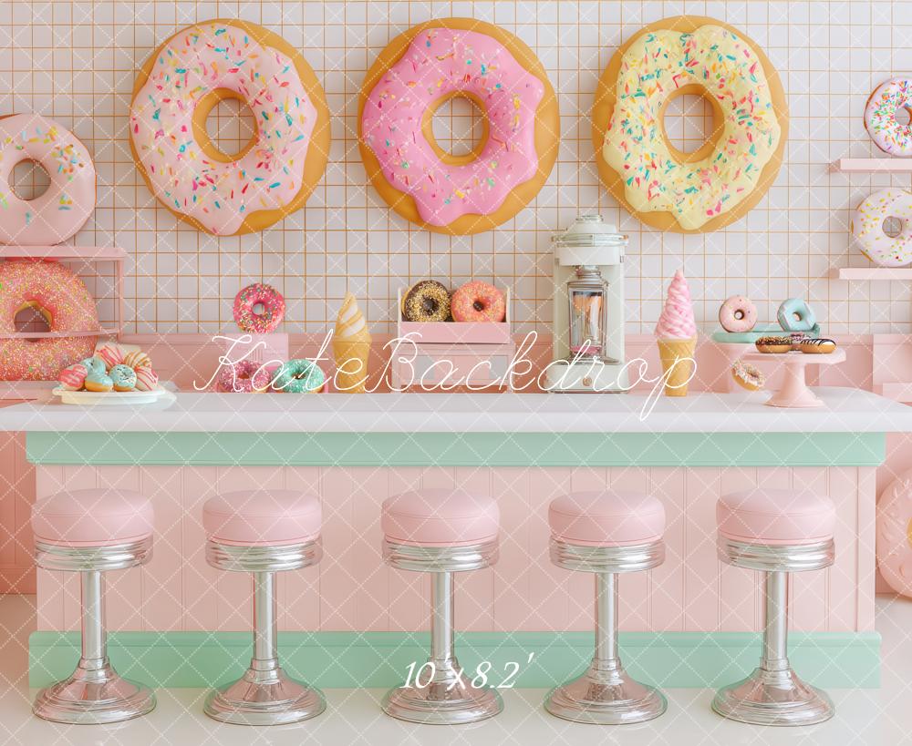 Kate Diner Donuts Bar Rose Pastel Toile de fond conçue par Patty Roberts - Kate Backdrop FR
