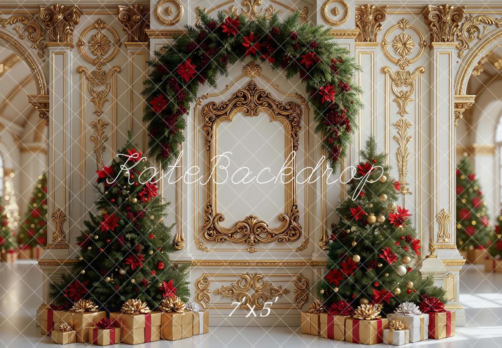 Kate Noël Chambre Sapins Cadeaux Doré Toile de fond conçue par Mini MakeBelieve