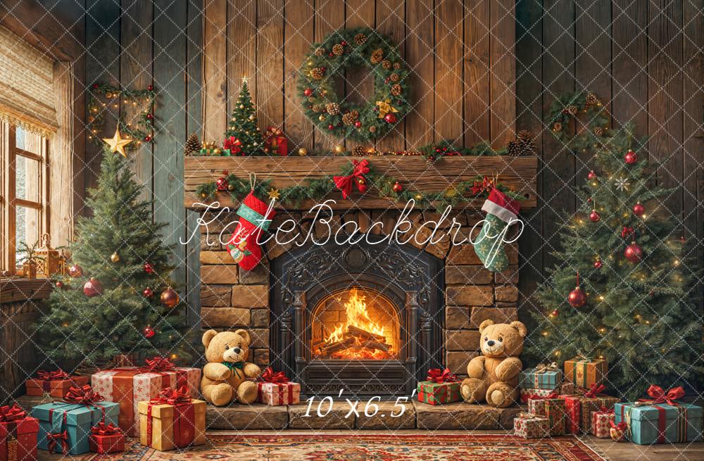 Kate Noël Cheminée Sapins Ours Cadeaux Toile de fond conçue par Emetselch
