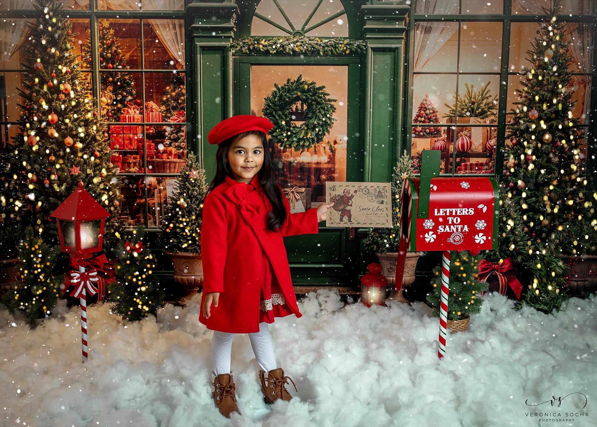 Kate Rétro Vert foncé Noël Boutique de cadeaux Toile de fond conçue par Emetselch - Kate Backdrop FR