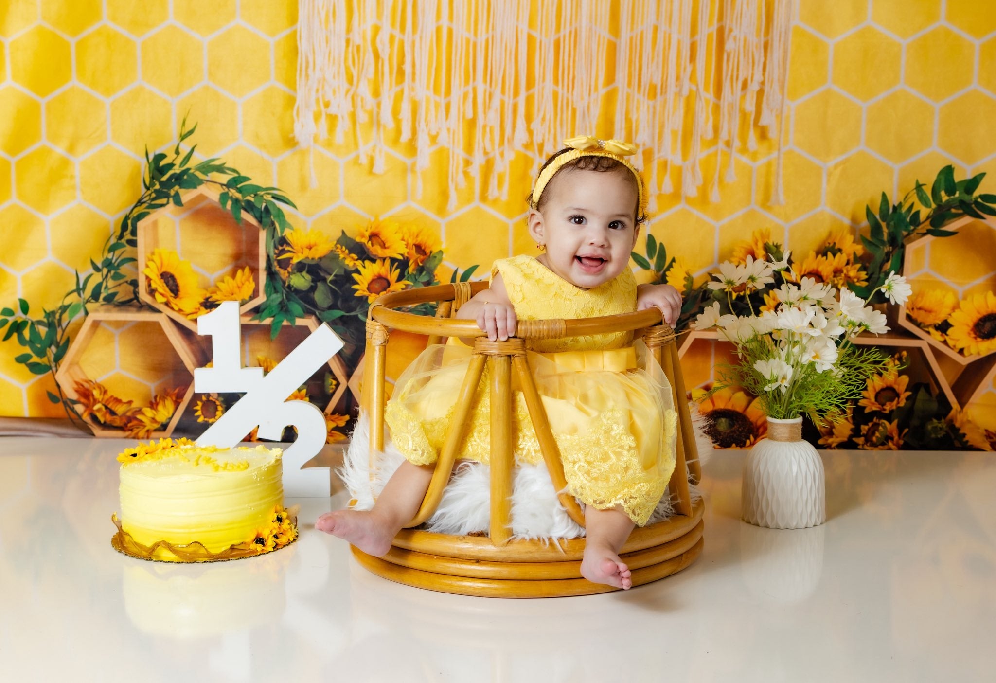 Kate Jaune Nid d'abeilles Boho Cake Smash Toile de fond conçue par Emetselch - Kate Backdrop FR