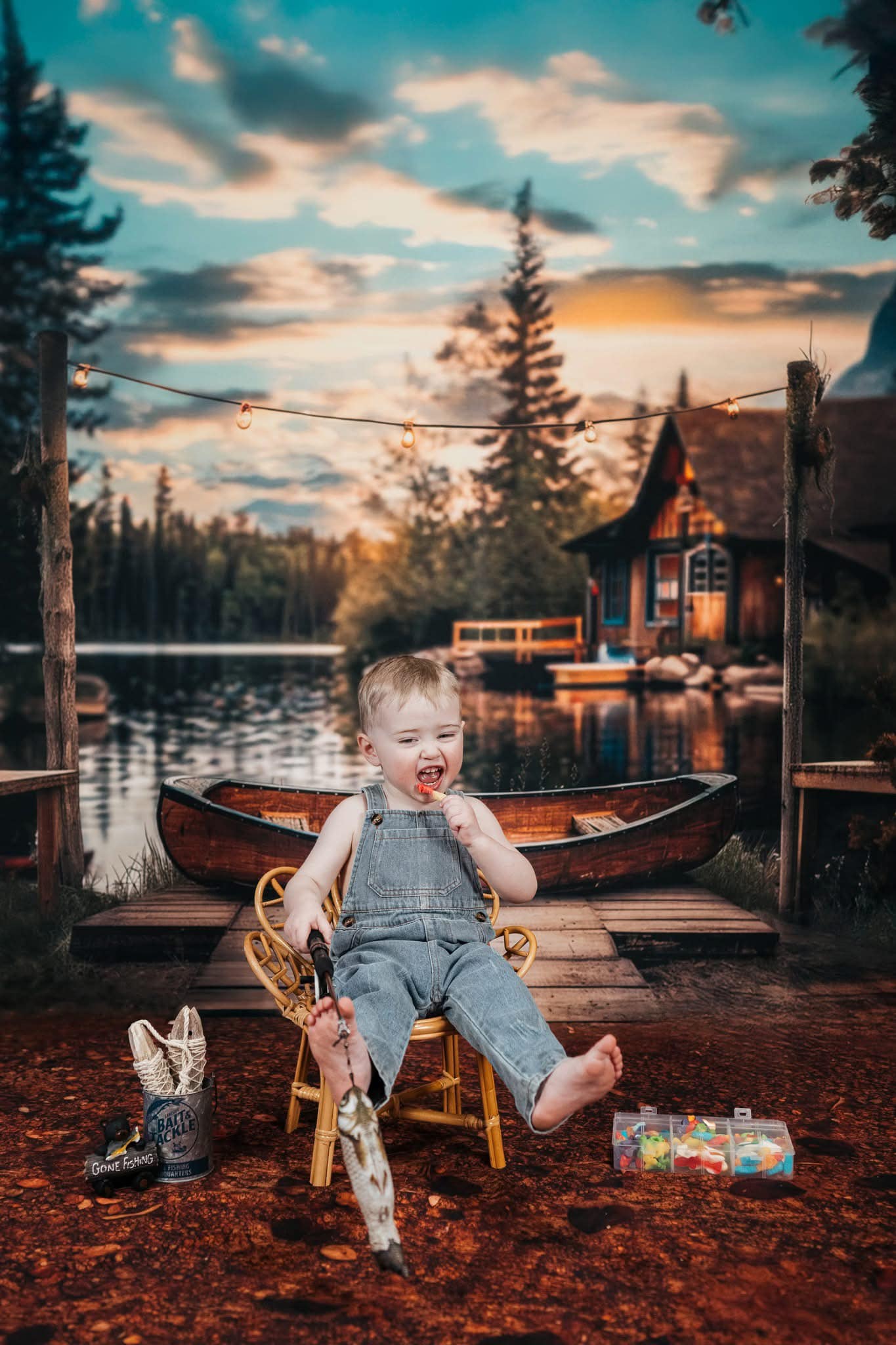 Kate Canoë Quai Lac Forêt Cabane Toile de fond conçue par Lidia Redekopp - Kate Backdrop FR